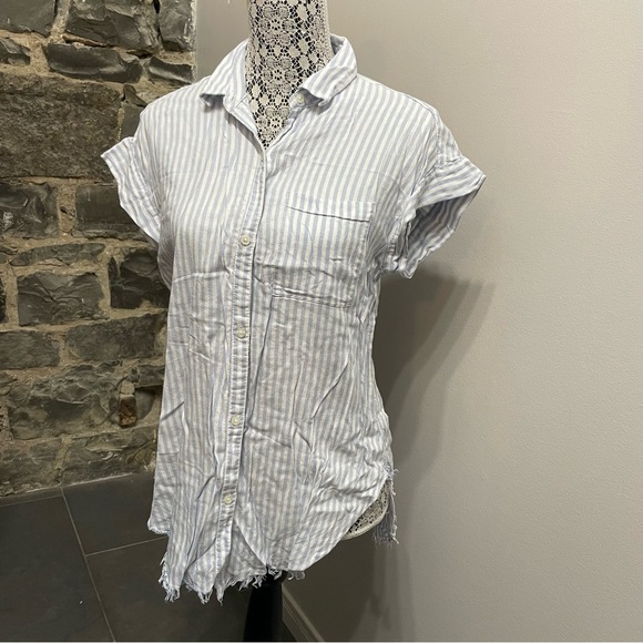 Aerie Blue and White Button Down Casual Short Sleeved Top - Picture 3 of 5